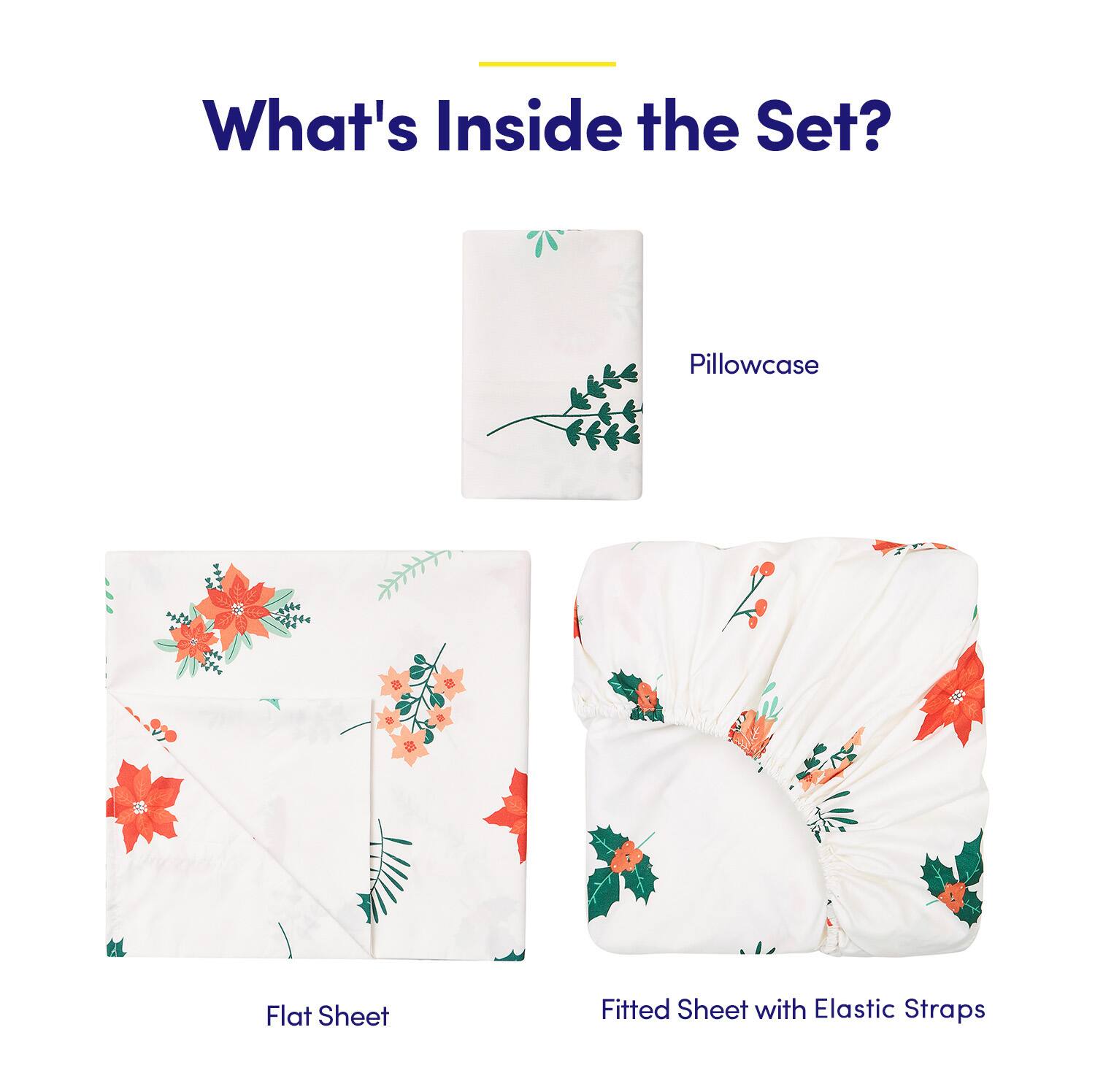 What's Inside the Set?

- Pillowcase
- Flat Sheet
- Fitted Sheet with Elastic Straps