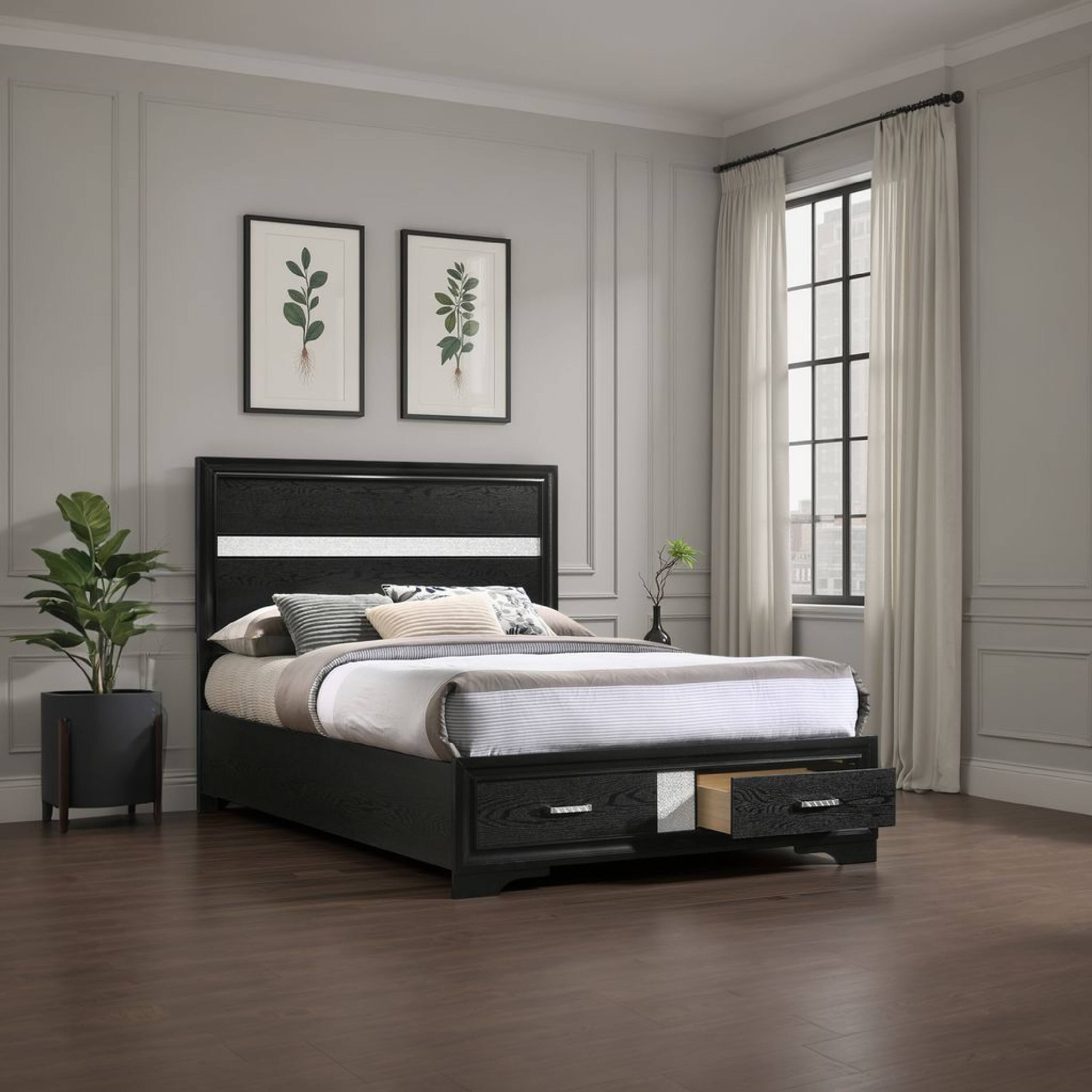 Alt View 5. Manhattan Lane - Vino Full Size Panel Bed with 2 Storage Drawers, Acrylic Glitter - Black, Silver.