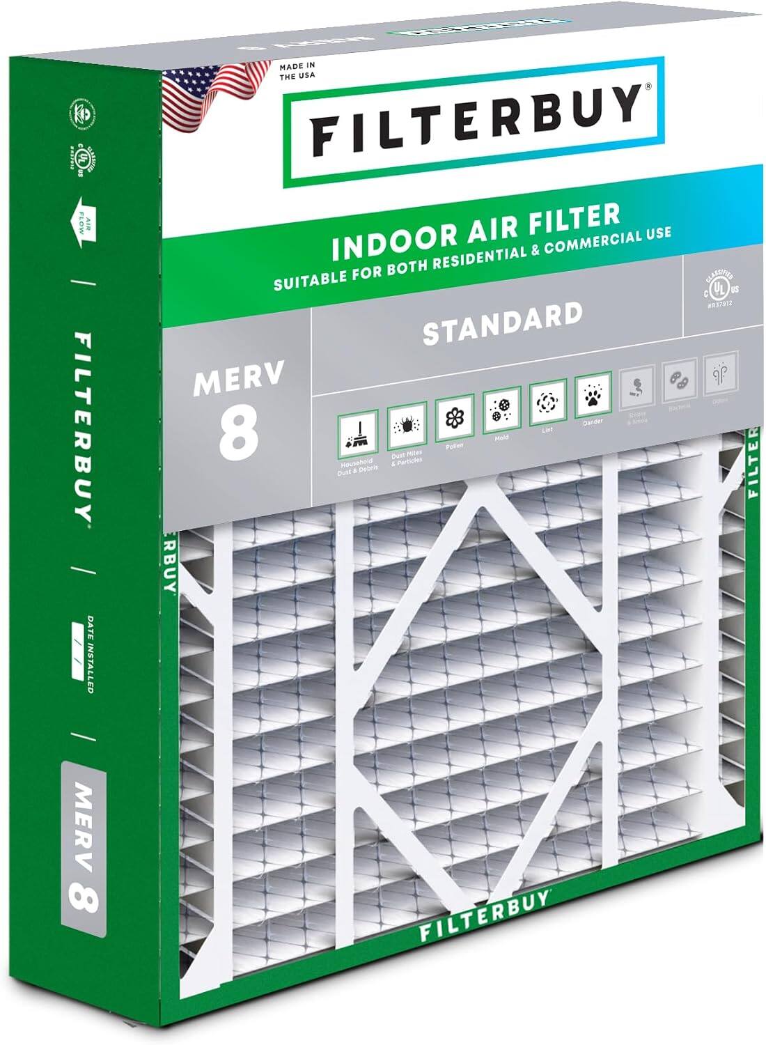 I UL FLOW FILTERBUY AIR FILTER MADE IN THE USA FILTERBUY AIR FILTER USE INDOOR & COMMERCIAL BOTH RESIDENTIAL SUITABLE FOR CLAREIE UL a STRTERN STANDARD MERV Dander 8 LIM Mold Pollen Quel Per Household a Paticies FILTER Duit . Debels RBUY MERV 8 FILTERBUY
