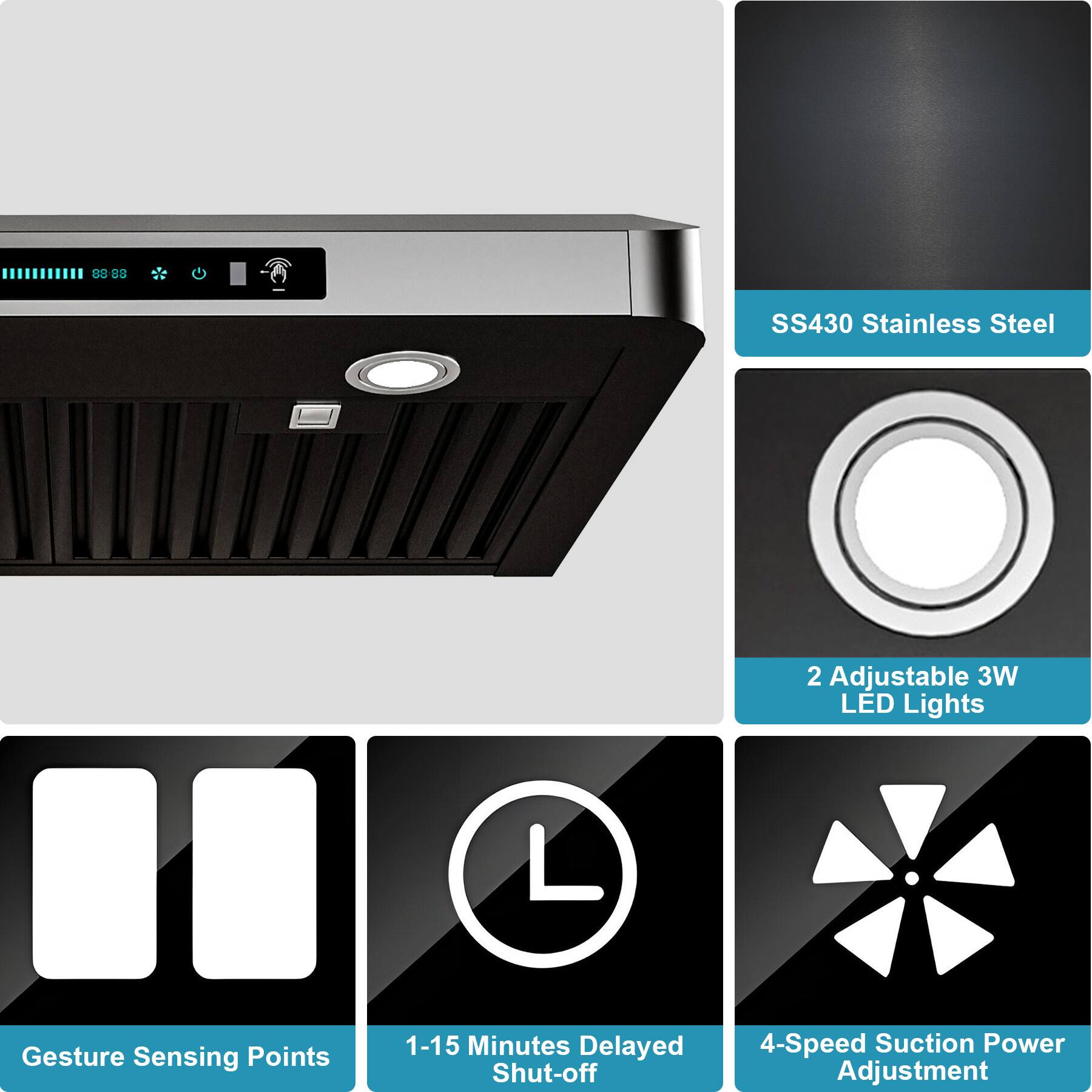 SS430 Stainless Steel  
2 Adjustable 3W LED Lights  
Gesture Sensing Points  
1-15 Minutes Delayed Shut-off  
4-Speed Suction Power Adjustment