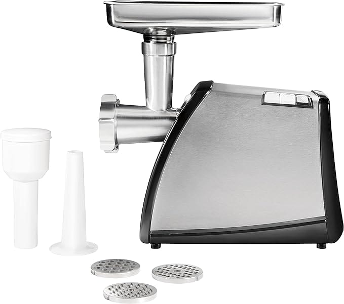 Breezary - Electric Meat Grinder and Sausage Stuffer, 570W Stainless Steel Home Grinder with 3 Grinding Plates and Reverse Function - Black and metallic