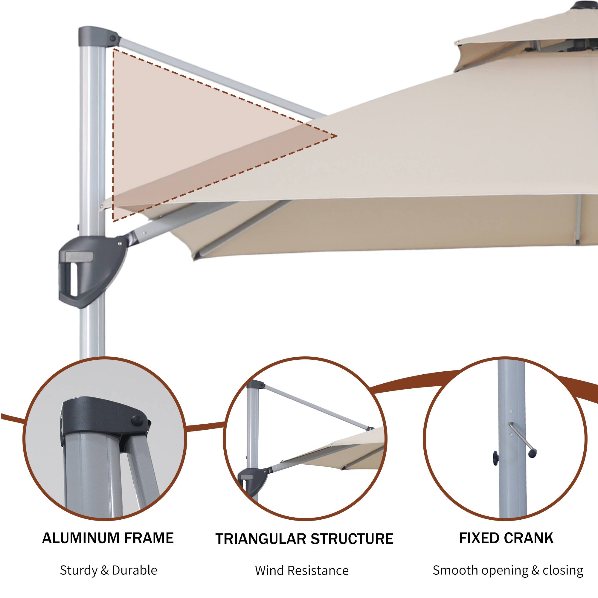 ALUMINUM FRAME  
Sturdy & Durable  

TRIANGULAR STRUCTURE  
Wind Resistance  

FIXED CRANK  
Smooth opening & closing