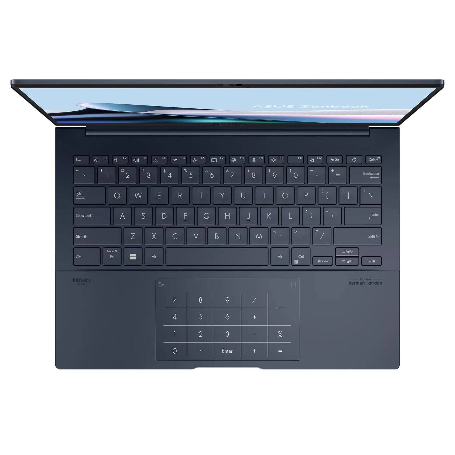 ASUS ZenBook

ASUS enheni Tnt a P 12 As F4 S A C G 2 1o m1 1 4 MS Dulera I 1 a 2 3 1 4 % 5 A 6 & 7 B I 9 - 0 I . + Backspace Tb Q W E R T Y U I O P - I I I / Cope Lork A S D F G H J K L : - - Eetor Shk a Z X C V B N M , 1 / Shn Cl Is Al Al CHl u Cre TaU n i Dolby - - harman kardon

7 8 9 / 4 5 6 + I 2 3 I % 0 Enter + -