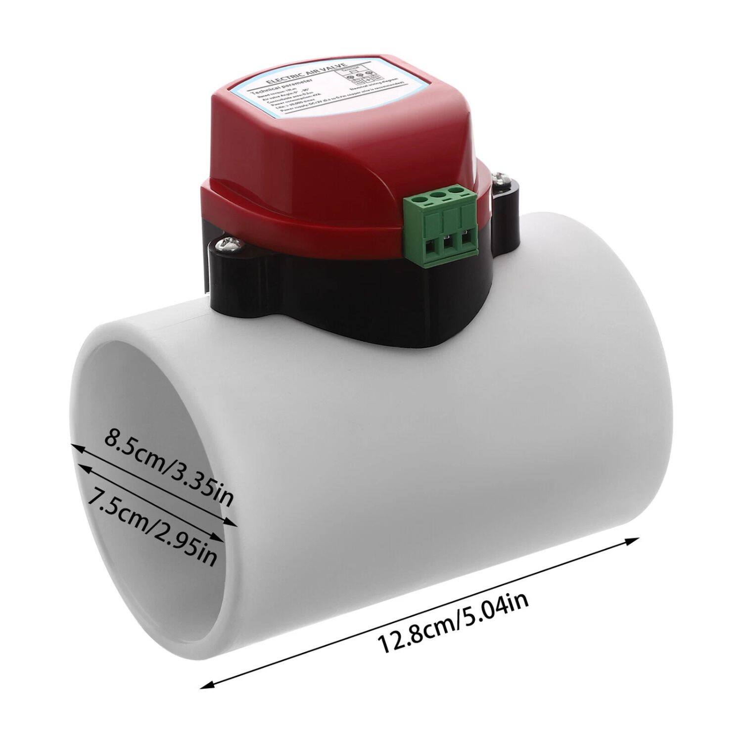 Sure, here is the corrected and grouped text from the image:

- **Dimensions:**
  - 8.5cm/3.35in
  - 7.5cm/2.95in
  - 12.8cm/5.04in

- **Label on the Device:**
  - ELECTRIC VALVE
  - (Additional text is not fully legible in the image)