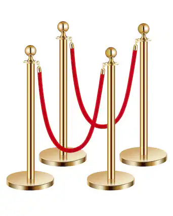 Front. VEVOR - Stanchions and Velvet Ropes 4Pcs, Hollow Base with Stainless Steel Post, 2 Red Velvet Ropes and Posts - Gold red velvet.
