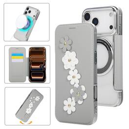 Dteck - Floral Relief Faux Leather Flip Wallet Case for Apple iPhone 17 Pro Max,Mag Safe Electroplated Slim Clear Back Cover - White