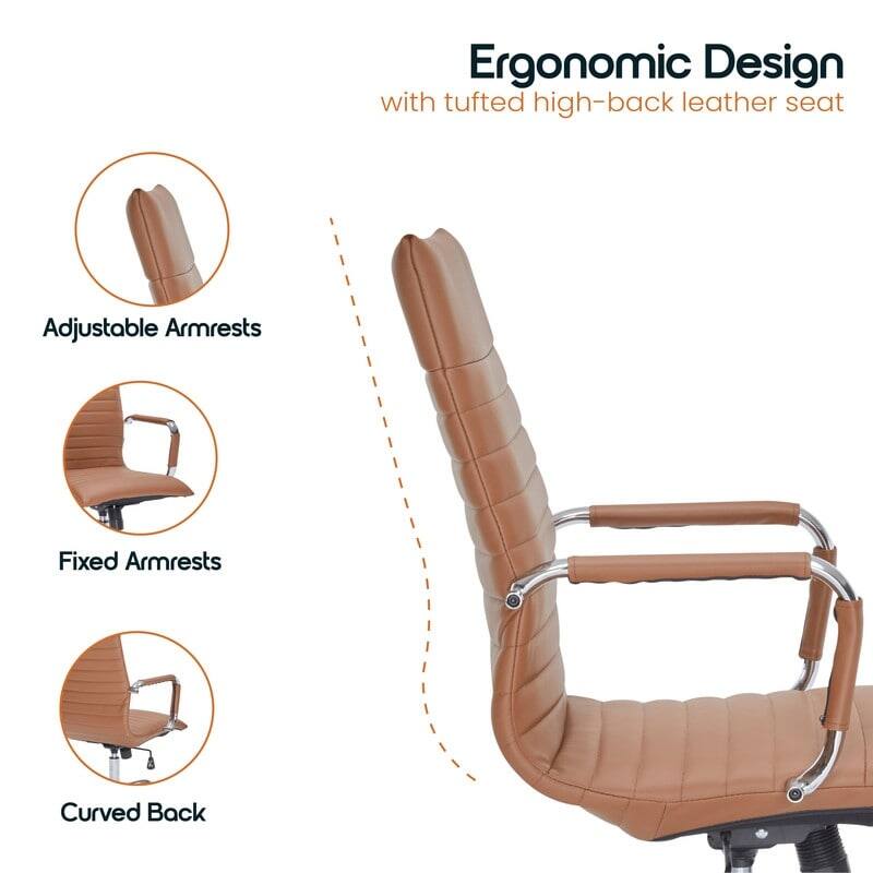 Ergonomic Design  
with tufted high-back leather seat  

Adjustable Armrests  
Fixed Armrests  
Curved Back