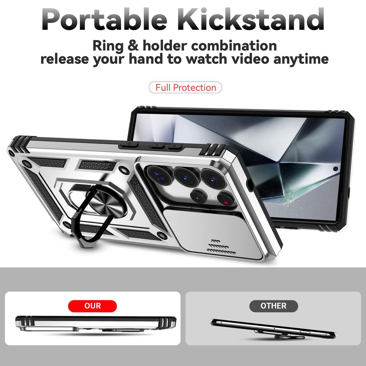Portable Kickstand  
Ring & holder combination release your hand to watch video anytime  
Full Protection  

OUR  
OTHER