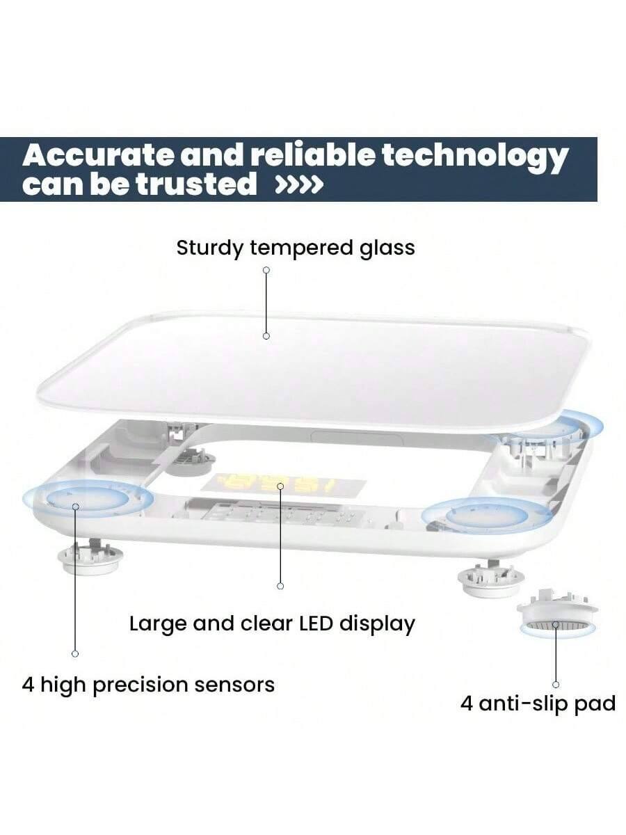 Accurate and reliable technology can be trusted >>>  
Sturdy tempered glass  
Large and clear LED display  
4 high precision sensors  
4 anti-slip pad