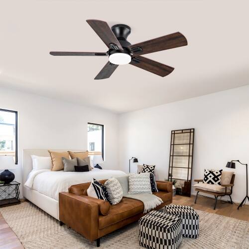 Alt View 5. LUCKY ONE - 42" Low Profile Ceiling Fan with Light Remote Flush Mount 6-Speed - Black.