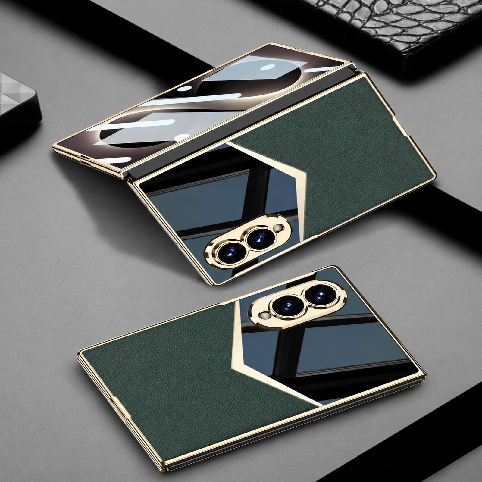 Angle. Dteck - Shockproof Leather Texture Case for Samsung Galaxy Z Fold8 Built in Screen Film Raised Edge Precision Camera Defense - Darkgreen.