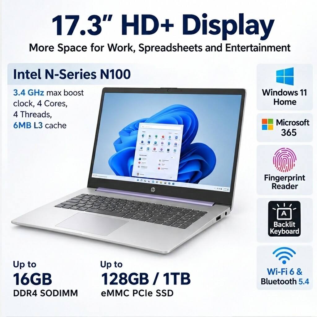 17.3" HD+ Display  
More Space for Work, Spreadsheets and Entertainment

Intel N-Series N100  
3.4 GHz max boost clock, 4 Cores, 4 Threads, 6MB L3 cache

Windows 11 Home  
Microsoft 365

Fingerprint Reader

2  
A Backlit Keyboard

Up to 16GB DDR4 SODIMM  
Up to 128GB / 1TB eMMC PCIe SSD

Wi-Fi 6 & Bluetooth 5.4