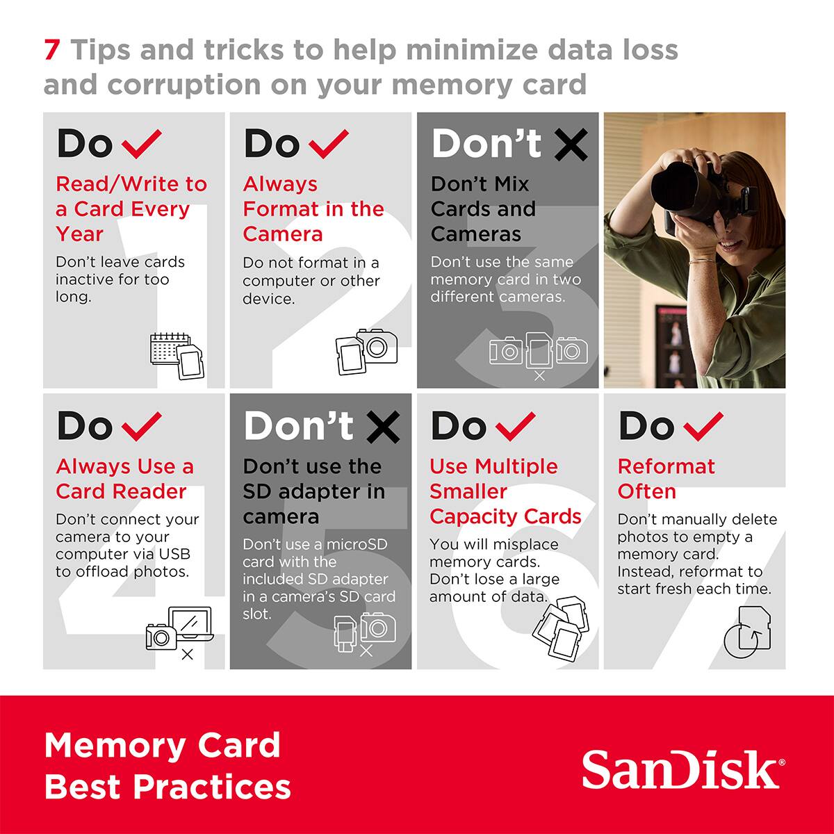 7 Tips and tricks to help minimize data loss and corruption on your memory card

**Do**  
- Read/Write to a Card Every Year  
  Don't leave cards inactive for too long.  

- Always Format in the Camera  
  Do not format in a computer or other device.  

- Always Use a Card Reader  
  Don't connect your camera to your computer via USB to offload photos.  

- Use Multiple Smaller Capacity Cards  
  You will misplace memory cards. Don't lose a large amount of data.  

- Reformat Often  
  Don't manually delete photos to empty a memory card. Instead, reformat to start fresh each time.  

**Don't**  
- Don't Mix Cards and Cameras  
  Don't use the same memory card in two different cameras.  

- Don't use the SD adapter in a camera  
  Don't use a microSD card with the included SD adapter in a camera's SD card slot.  

Memory Card Best Practices  
SanDisk