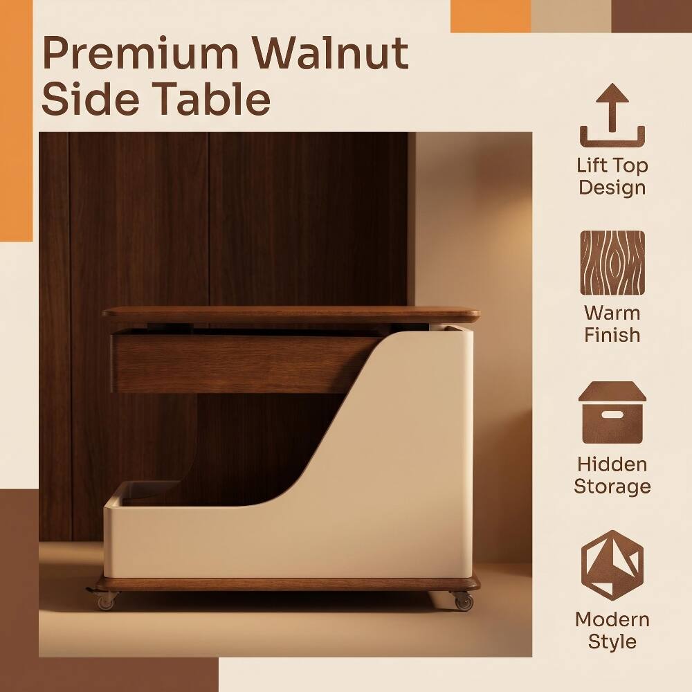 Premium Walnut Side Table  
Lift Top Design  
Warm Finish  
Hidden Storage  
Modern Style