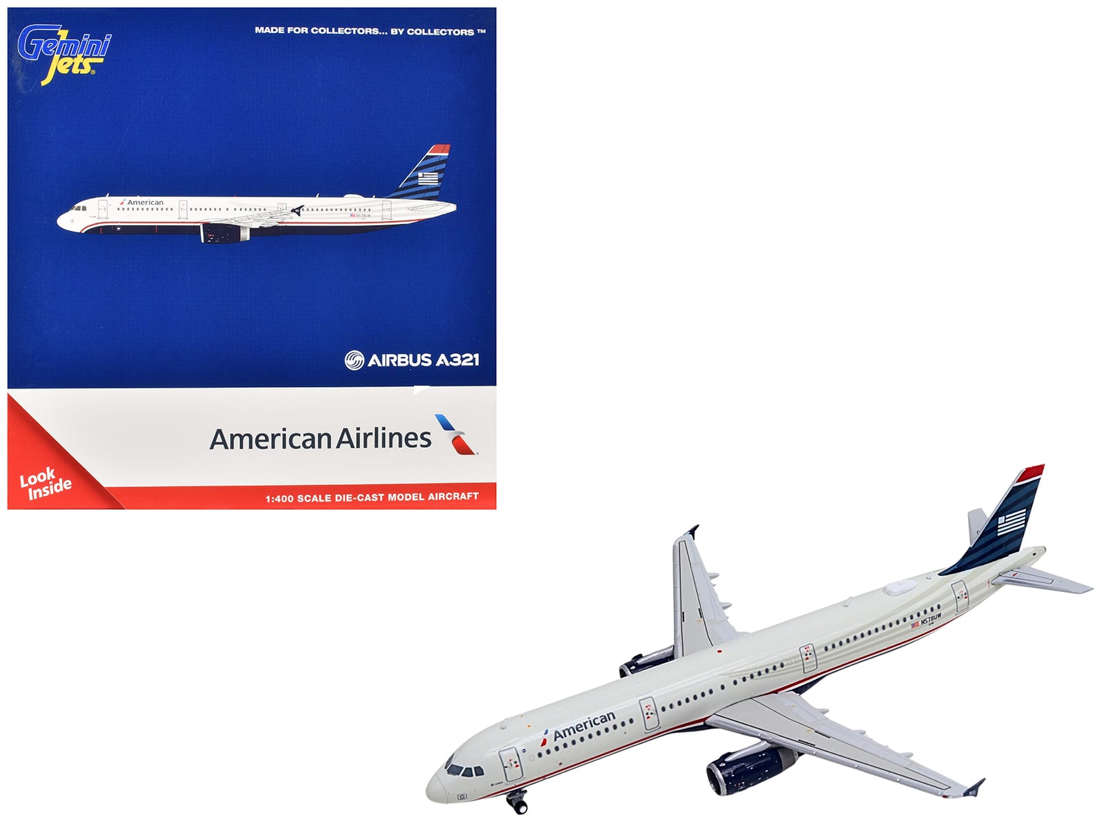 GeminiJets - Airbus A321 Commercial Aircraft "American Airlines - US Airways Heritage Jet" (N578UW) Tail 1/400 - White with Blue