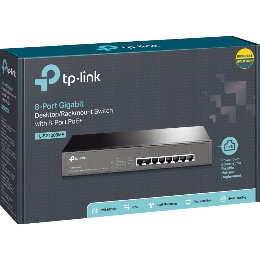 tp-link  
8-Port Gigabit Desktop/Rackmount Switch with 8-Port PoE+  
TL-SG1008MP  
BUSINESS SOLUTION  

PoE 802.3at  
QoS  
IGMP Snooping  
Plug and Play  
Steel Housing  

Power over Ethernet for Flexible Network Deployment