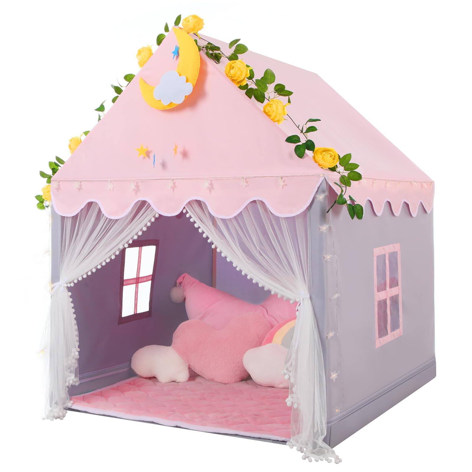 Paradigms Interiors - Tent With Mat Star Lights - Play Tents For Indoor Playhouse Princess House Gift pink Cloth - Gray with Mesh