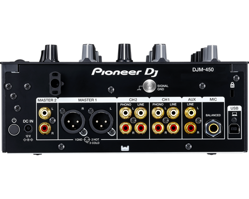 Pioneer DJ DJM-450

- MASTER 2
- MASTER 1
- CH2 PHONO LINE
- CH1 PHONO LINE
- AUX LINE
- MIC
- USB
- DC IN
- BALANCED 12V
- 1 GND
- 2 HOT
- 3 COLD

SIGNAL GND