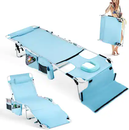 Front. Winado - Foldable Tanning Chair with Face Hole, Carrying Bag for Sun Tanning, Laying Out Chairs, Tanning Lounger Outdoor Beach - Blue.