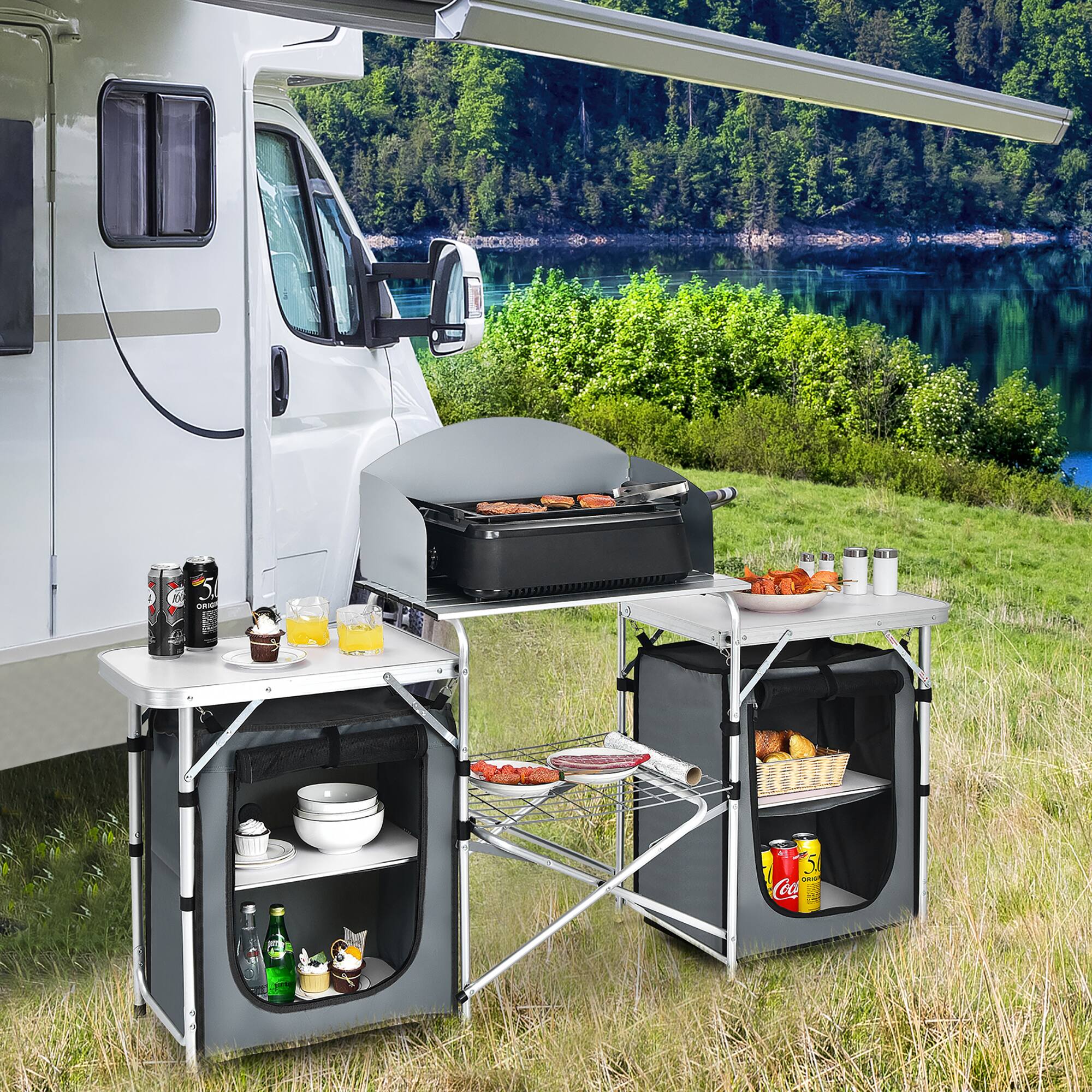 Angle. Costway - Folding Portable Aluminum Camping Grill Table w/ Storage Organizer Windscreen Grey - Gray.