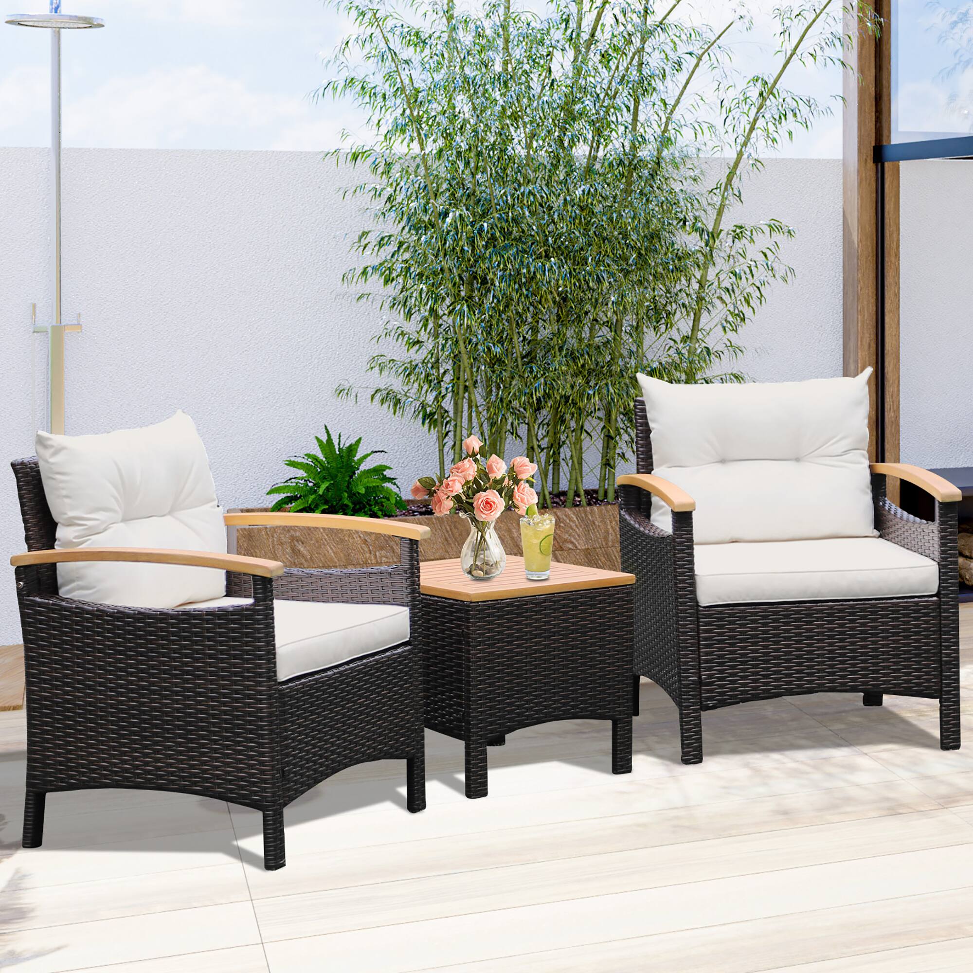 Alt View 3. Gymax - Gymax 3PCS Patio PE Rattan Conversation Furniture Set Bistro Set Acacia Wood Tabletop - Off White.