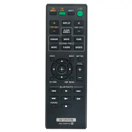 TV INPUT TV 1/0 INPUT 1/0 + DISPLAY + TV CH - CLEAR AUDIO+ SW VOL I STANDARD MOVIE GAME SOUND FIELD MUSIC P.AUDIO SPORTS VOICE NIGHT MUTING VOL + RETURN AMP MENU BLUETOOTH PAIRING AV SYSTEM RM-ANP114