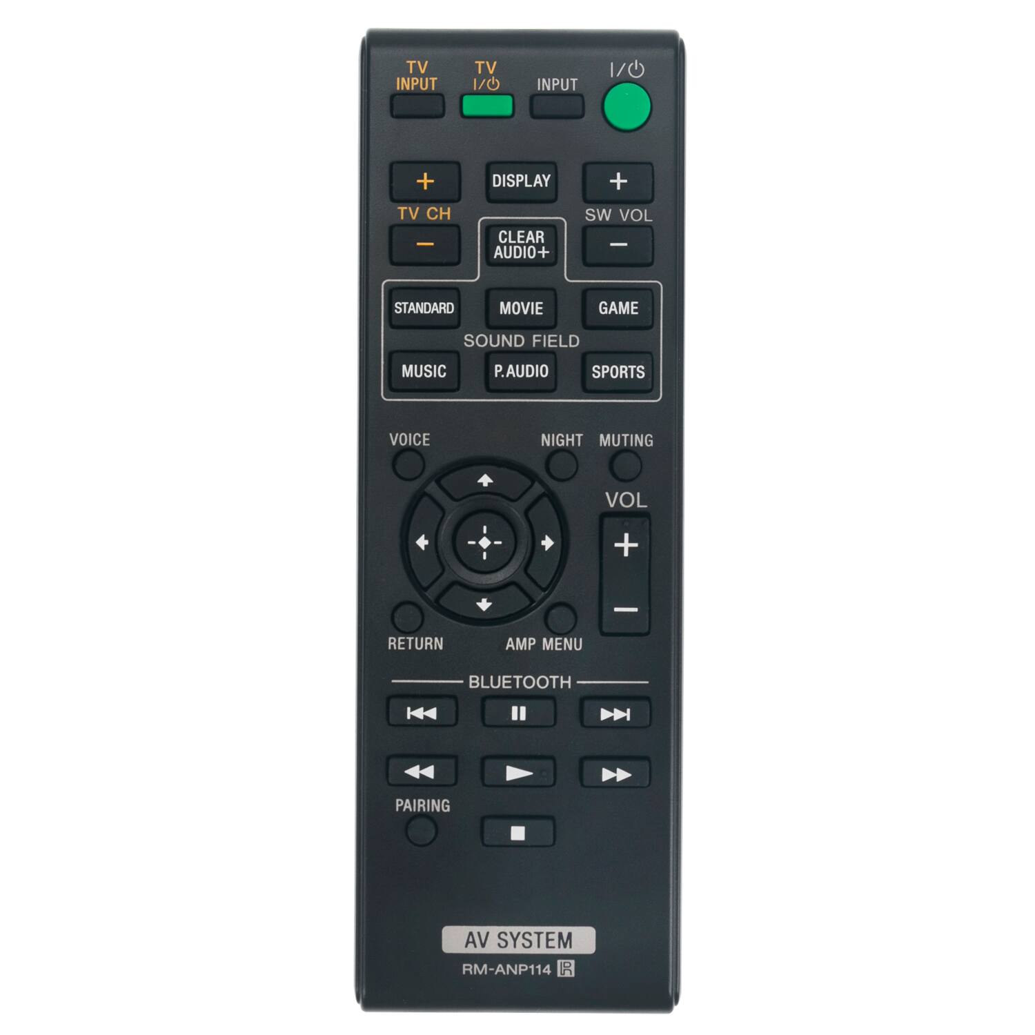TV INPUT TV 1/0 INPUT 1/0 + DISPLAY + TV CH - CLEAR AUDIO+ SW VOL I STANDARD MOVIE GAME SOUND FIELD MUSIC P.AUDIO SPORTS VOICE NIGHT MUTING VOL + RETURN AMP MENU BLUETOOTH PAIRING AV SYSTEM RM-ANP114