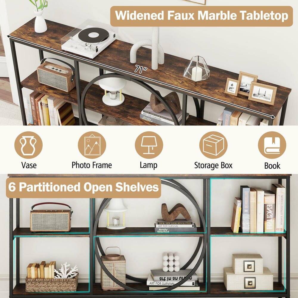 Widened Faux Marble Tabletop

71" 

6 Partitioned Open Shelves

- Vase
- Photo Frame
- Lamp
- Storage Box
- Book

M NE I AVOLLTEOR ART FOR CASIOA Andy O ENGL TEXES REONIT OL in ue in ART TOR SURVIVAL