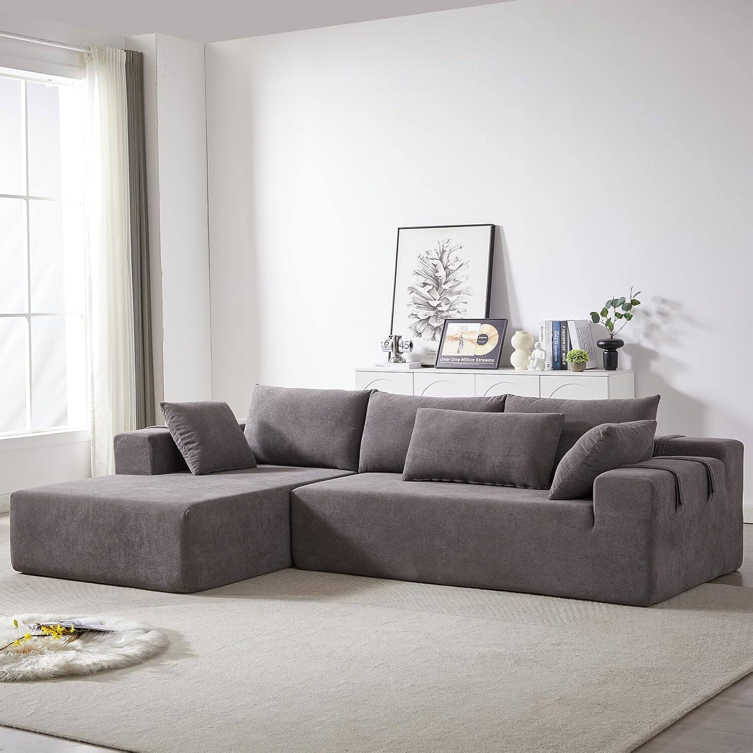 Alt View 2. Trinkets Crazed - 108"Modular L Shaped Sectional Sofa Modern Comfy Corner Couches Sleeper Sofa with 6 Pillows (Left Chaise) - gray.