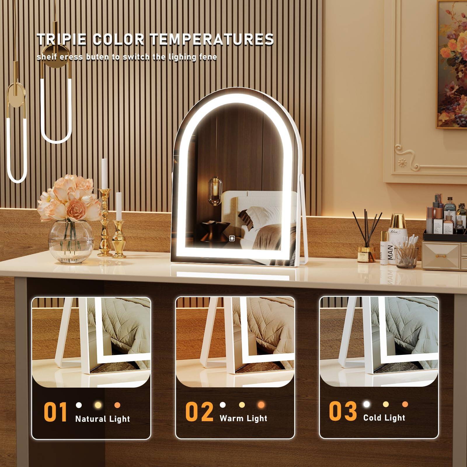 TRIPIE COLOR TEMPERATURES

sheif eress button to switch the lighting fence

01 Natural Light
02 Warm Light
03 Cold Light