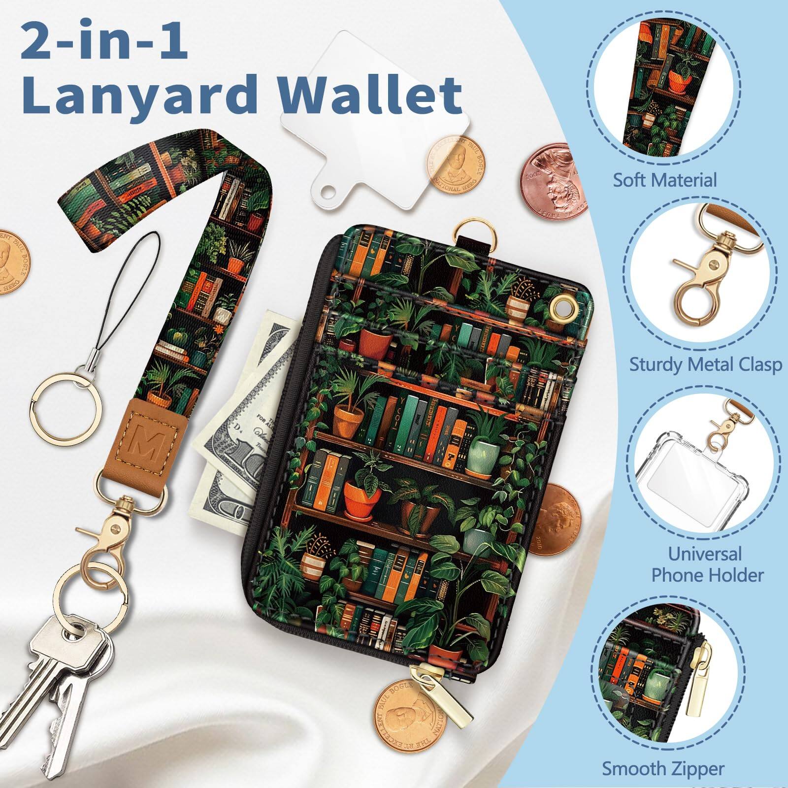 Back. Jadie Link - Lanyard Wallet Badge Holder Bookshelf Rfid Small Keychain Women Wristlet Cute Zipper Credit Card Phone Wrist Neck Strap - Solid-caramel.