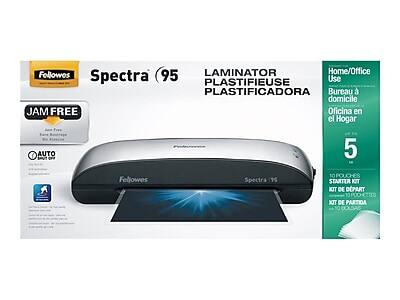 Fellowes Spectra 95  
LAMINATOR  
PLASTIFIQUEUSE  
PLASTIFICADORA  

JAM FREE  
AUTO  

Home/Office Use  
Bureau à domicile  
Oficina en el Hogar  

5  
10 POUCHES STARTER KIT  
KIT DE DÉPART  
KIT DE PARTIDA