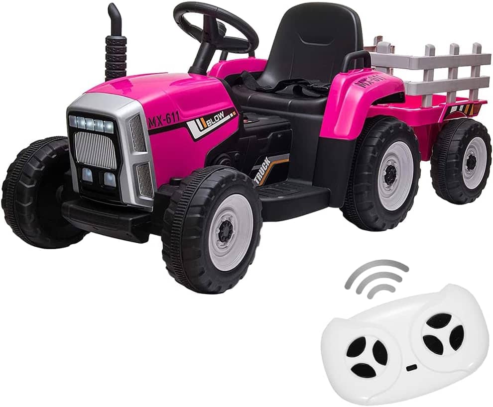 Homhougo - 12V Kids Ride On Tractor with Trailer & Remote Control, LED Headlights, Music, Rose