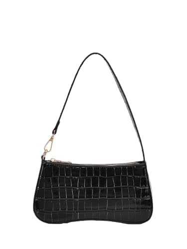 Vulpecula Spade - Women's Small Crocodile Print Shoulder Bag Leather Clutch Purse Handbag with Zipper Closure - Pure Black