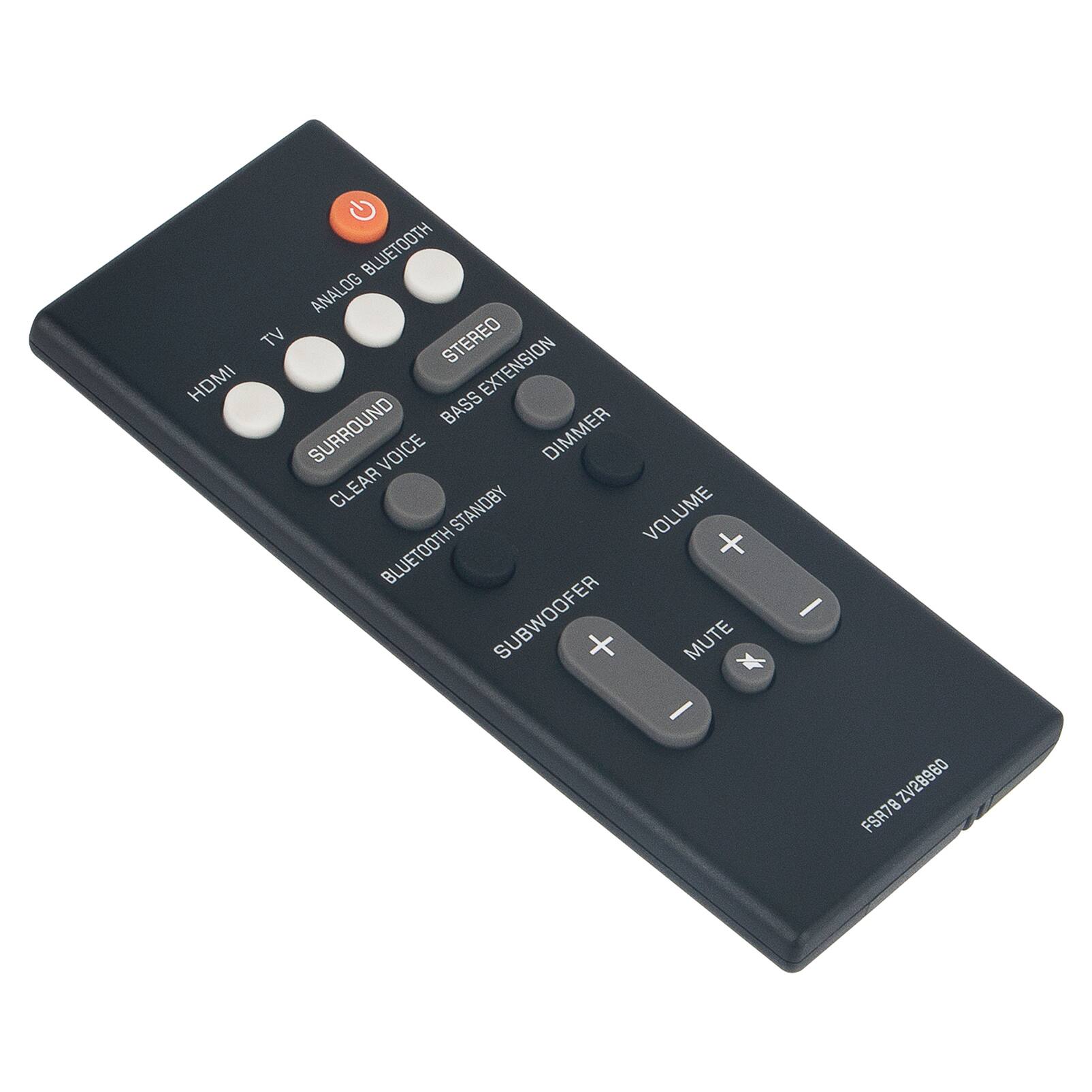 Sure, here is the corrected and grouped text from the image:

- ANALOG BLUETOOTH
- TV
- HDMI
- STEREO
- BASS EXTENSION
- DIMMER
- SURROUND
- CLEAR VOICE
- BLUETOOTH SUBWOOFER
- STANDBY
- VOLUME
- MUTE
- SUBWOOFER
- FSA78ZV28960
- ZV28960
- FSA78