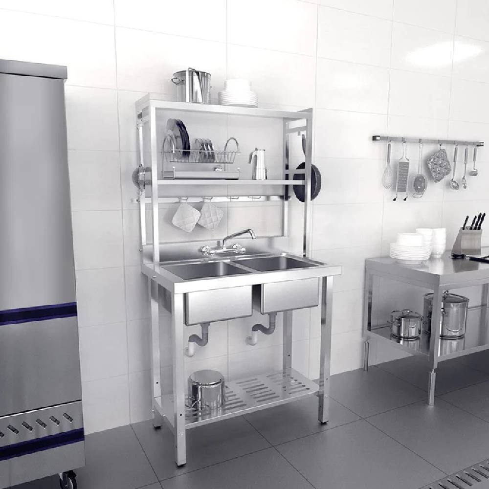 Angle. Winado - Commercial Double Bowl Kitchen Sink 2 Compartment Utility Sink with Storage Shelves and Hooks for Restaurant Outdoor Use - Silver.