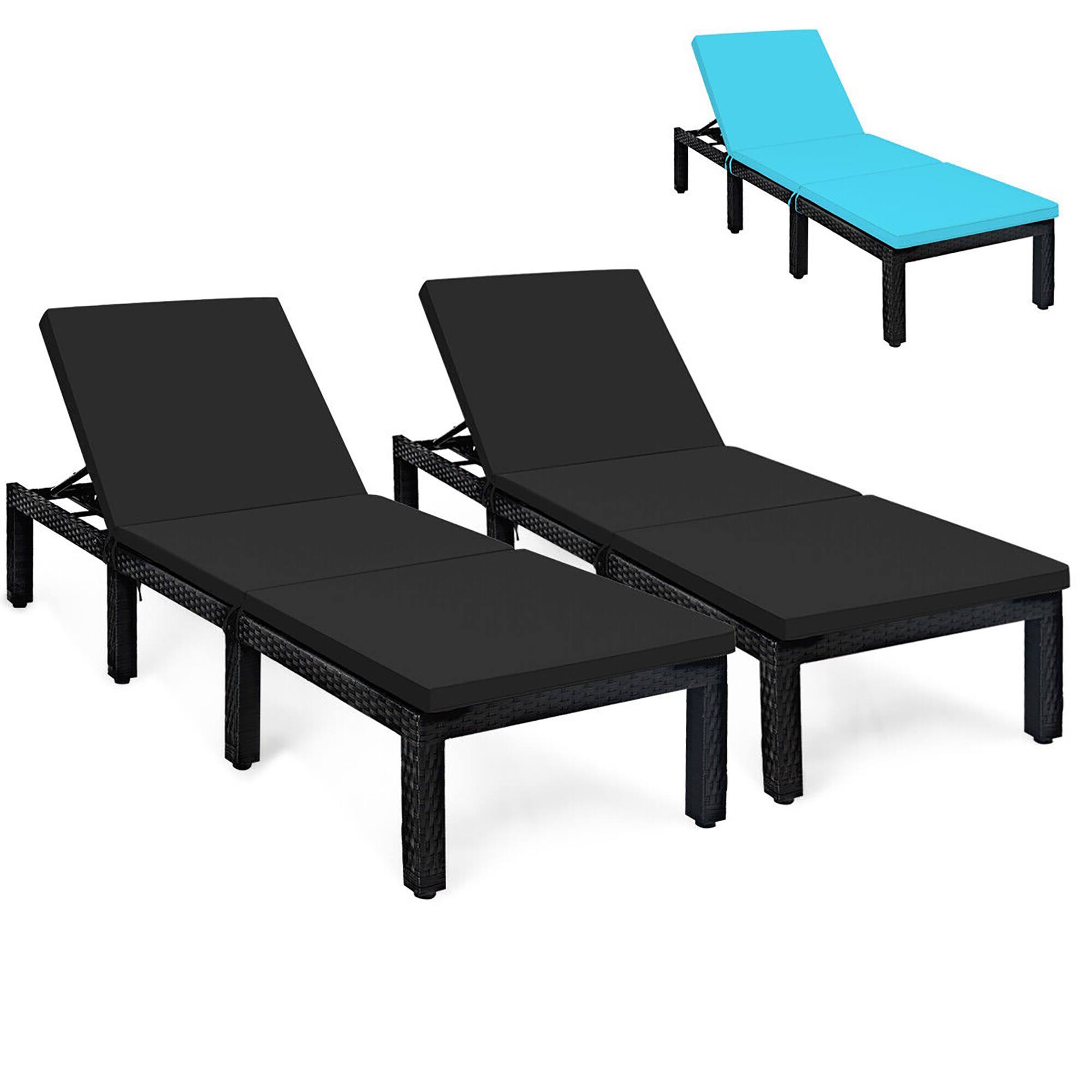 Front. Gymax - Gymax 2PCS Adjustable Rattan Patio Chaise Lounge Chair Couch w/ Black & Turquoise Cushion - Black/Turquoise.