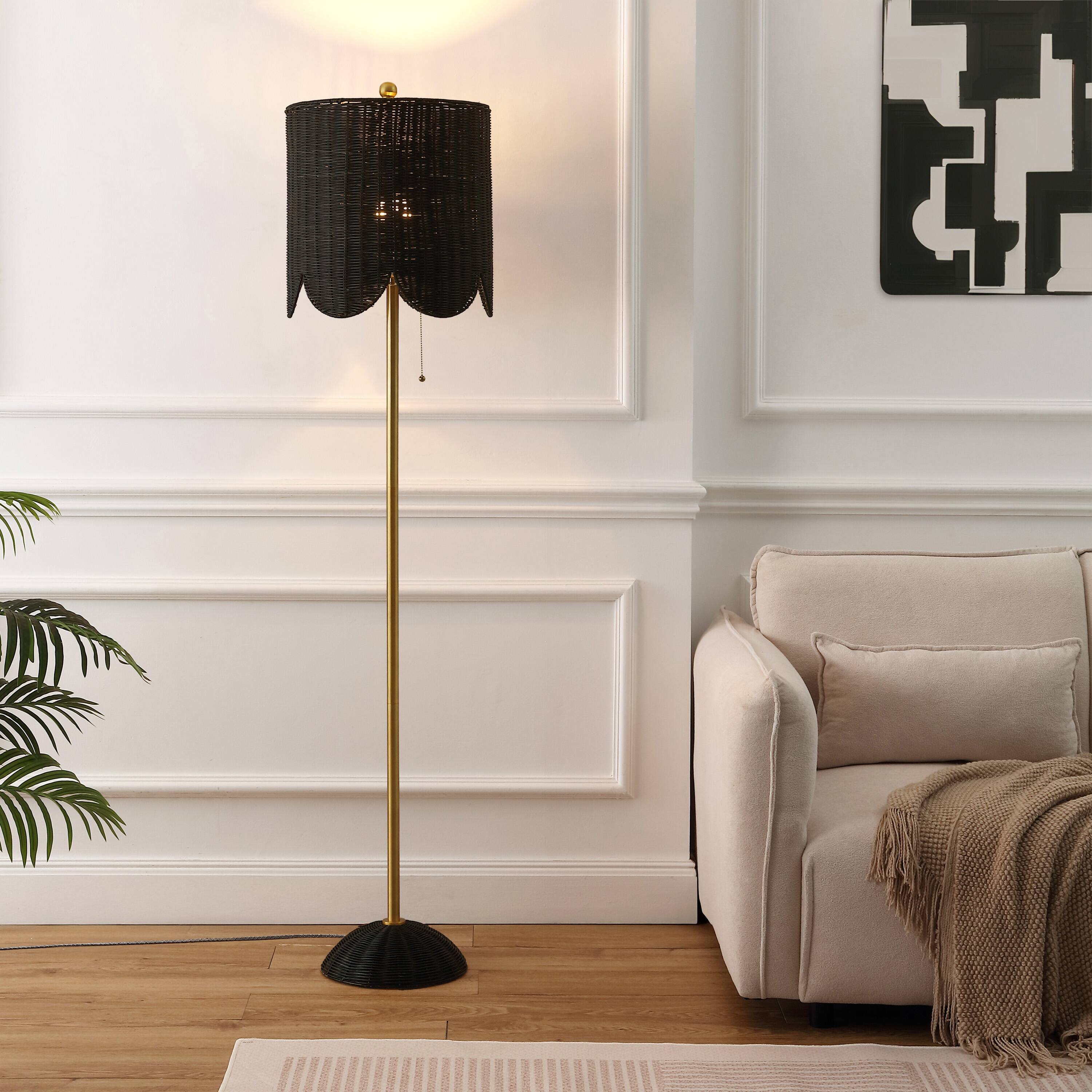Alt View 1. Jonathan Y - Joel 63.5" Coastal Bohemian Scallop Shade Rattan/Metal LED Floor Lamp with Pull Chain, Black/Brass Gold - Black/Brass Gold.