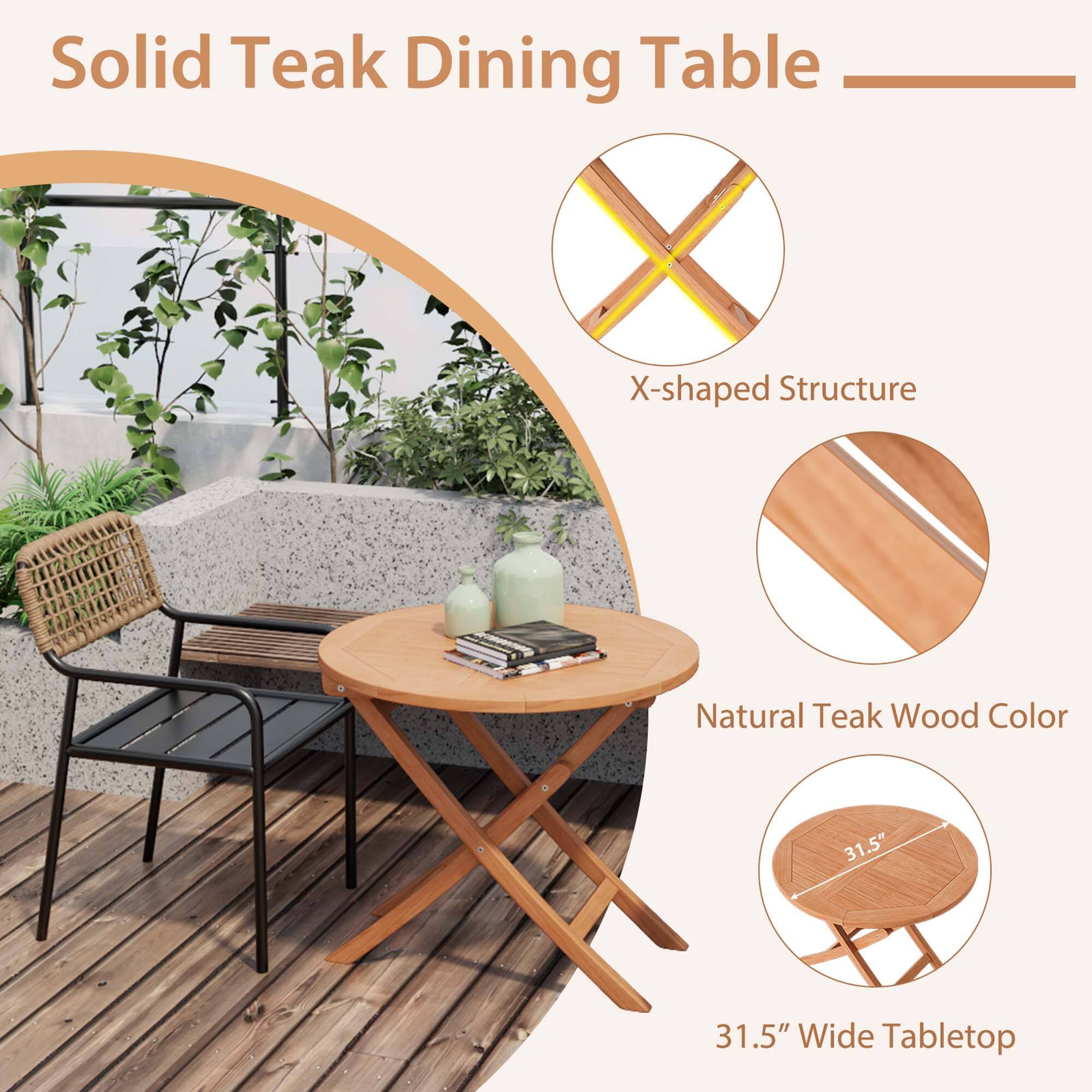 Solid Teak Dining Table

- X-shaped Structure
- Natural Teak Wood Color
- 31.5" Wide Tabletop
