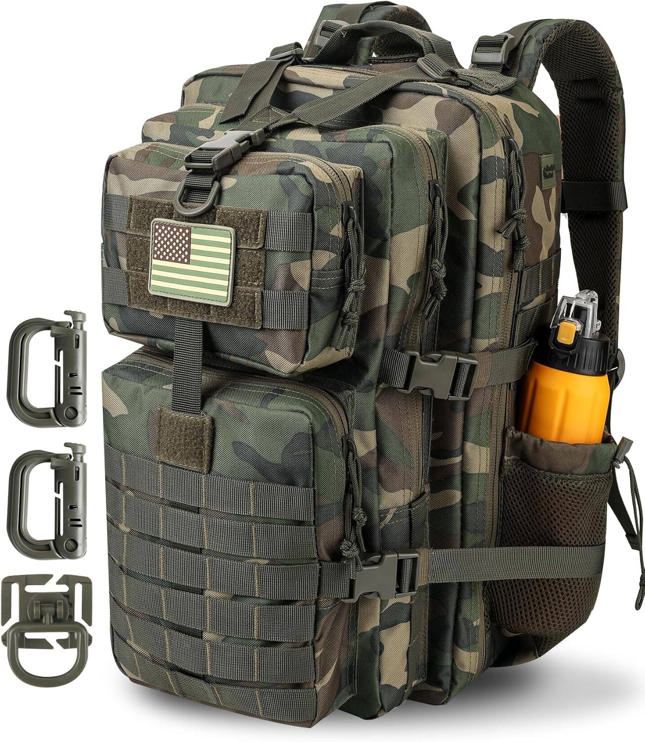 Front. Vulpecula Spade - Assault Backpack, Tactical Backpack Military Army Camping Rucksack with Bottle Holder - Us Woodland.
