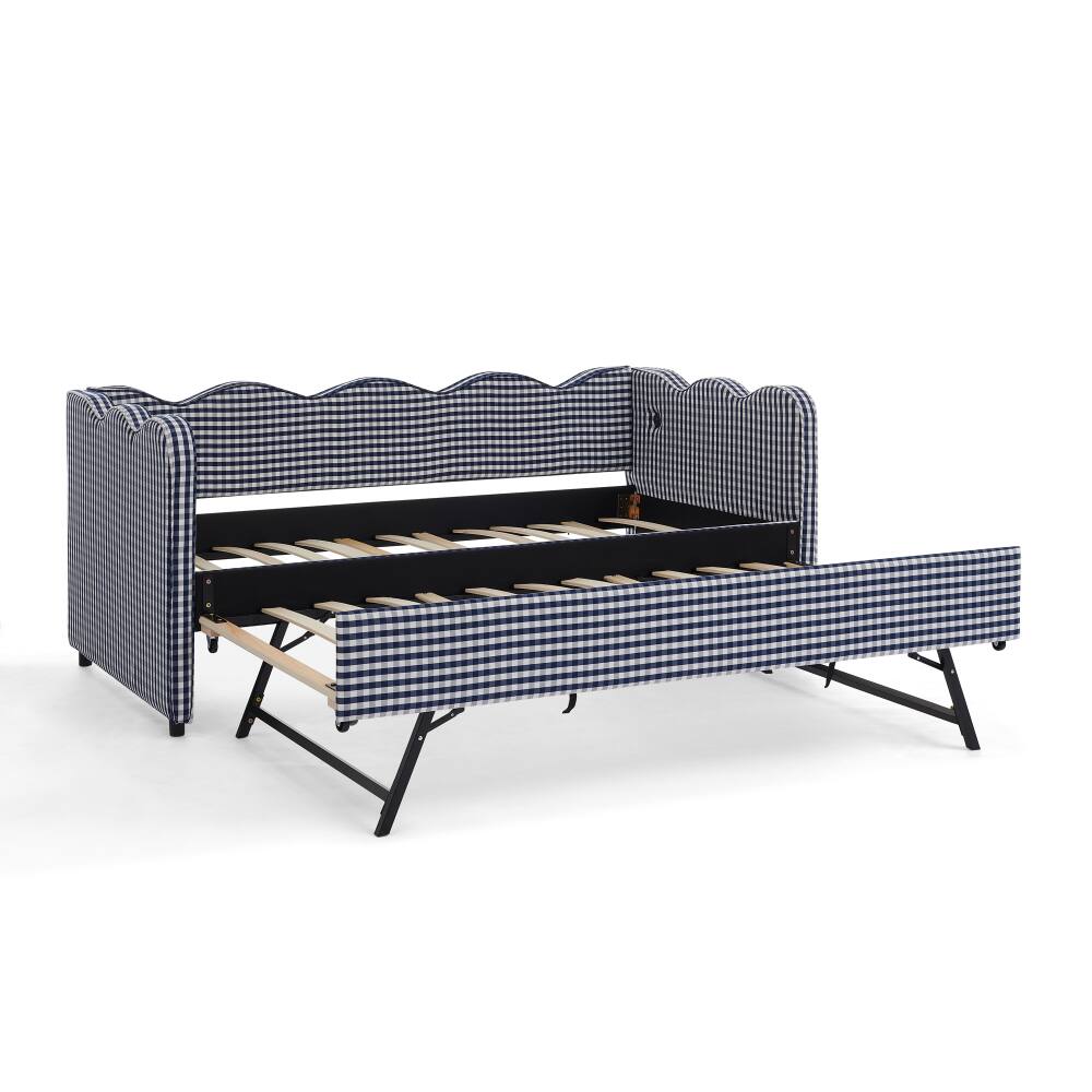 Alt View 6. JUJABU - Blue Cozy Gingham Daybed with Twin Size Trundle No Box Spring Needed, with USB Port and Adorable Wave Shaped - Blue.