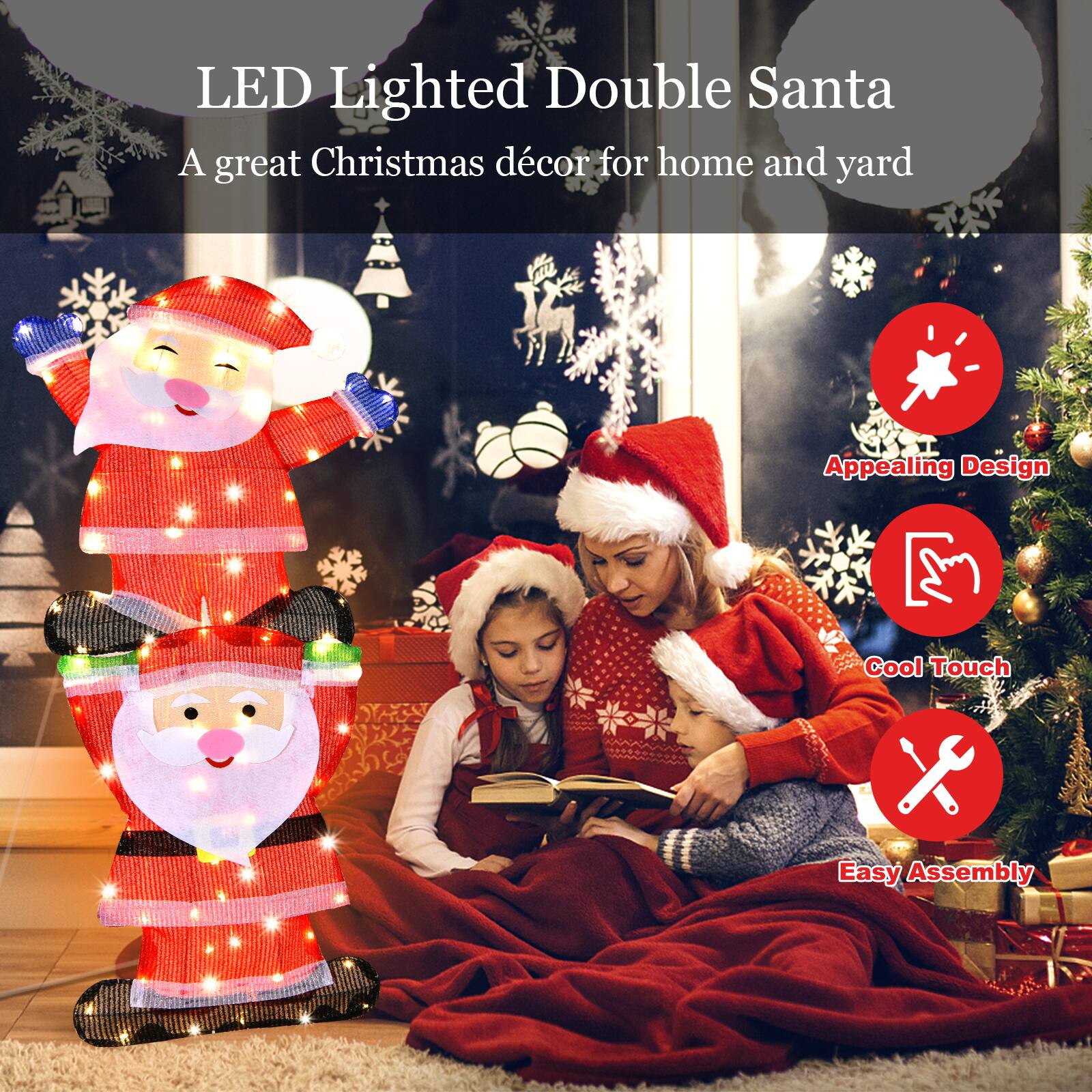 LED Lighted Double Santa: A great Christmas decoration for home and yard. Appealing design, Cool Touch, Easy Assembly.