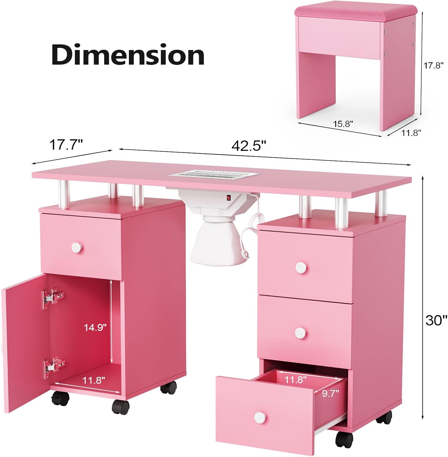 Dimension  
1. A  
2. 2  
3. 17.8"  
4. 17.7"  
5. 42.5"  
6. 15.8"  
7. 11.8"  
8. FE  
9. 14.9"  
10. 30"  
11. 11.8"  
12. 11.8"  
13. 9.7"