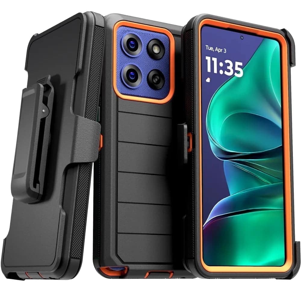 RomeTech - Defender Case for Moto G Stylus 5G 2025 with Belt Clip, Kickstand, Dual-Layer, Black/Orange - Black / Orange