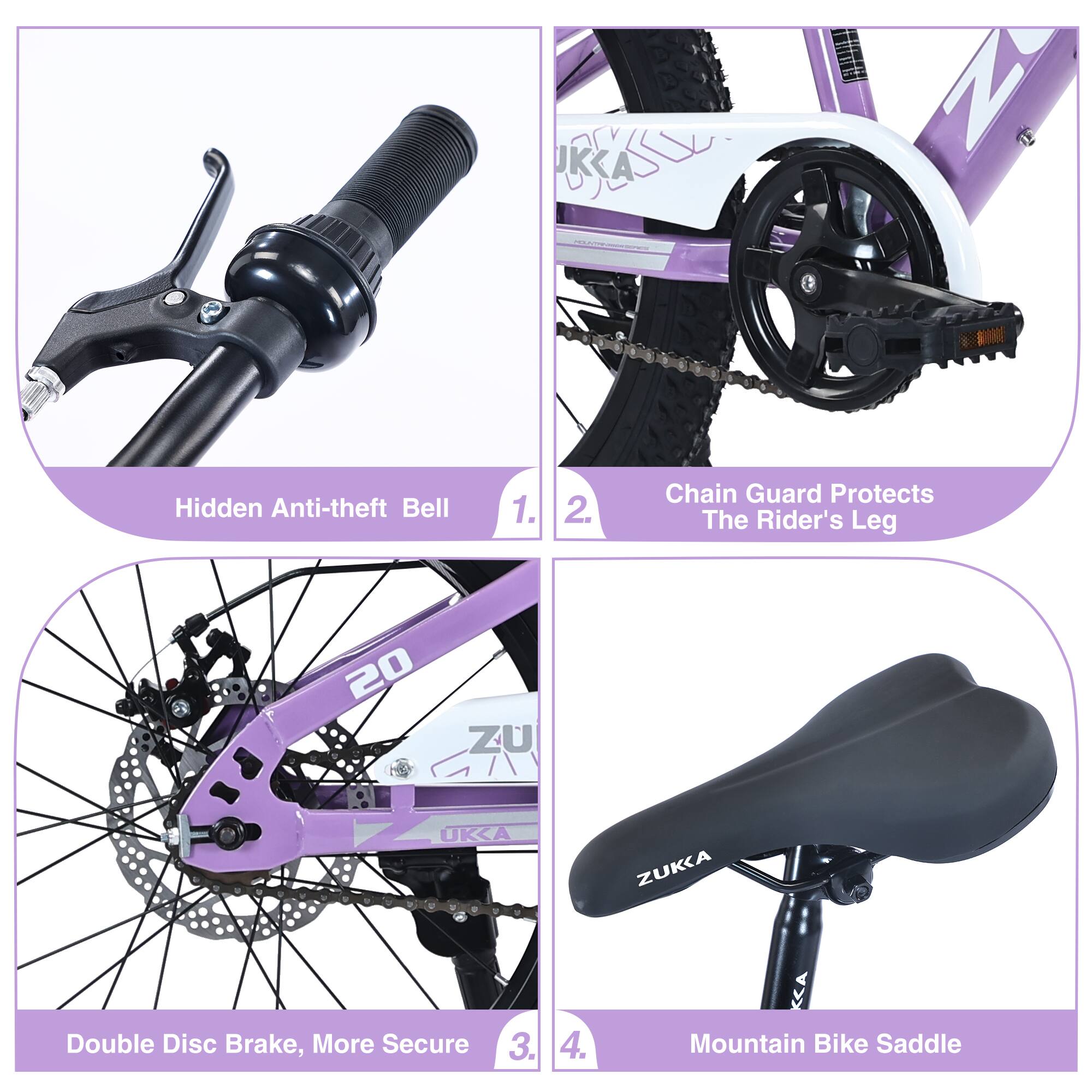 1. Hidden Anti-theft Bell  
2. Chain Guard Protects The Rider's Leg  
3. Double Disc Brake, More Secure  
4. Mountain Bike Saddle