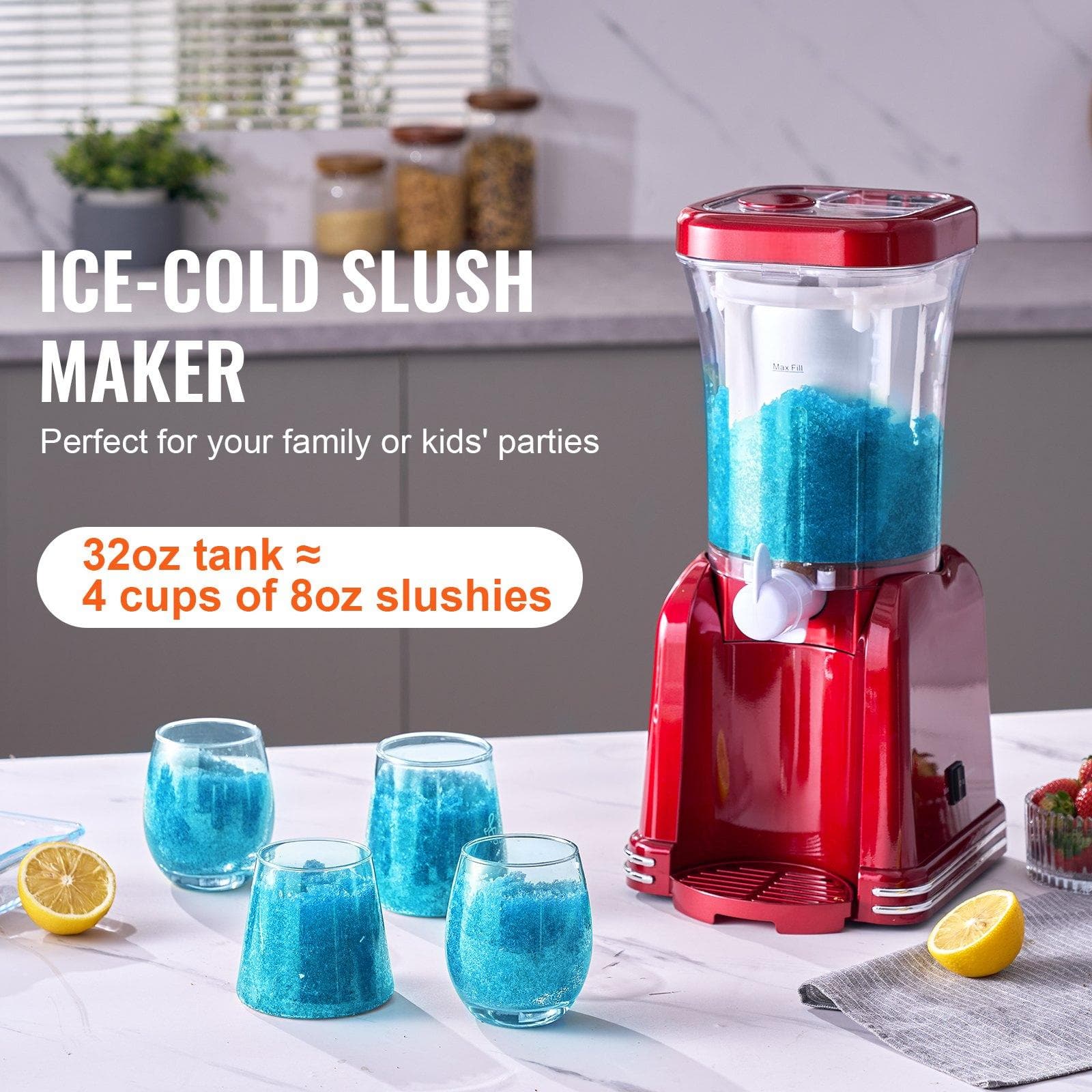 ICE-COLD SLUSH MAKER
Perfect for your family or kids' parties
32oz tank ≈ 4 cups of 8oz slushies