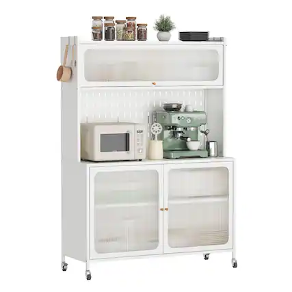 Front. Mirfee - Tall Kitchen Pantry Cabinet with Glass Doors & Adjustable Shelves - White.