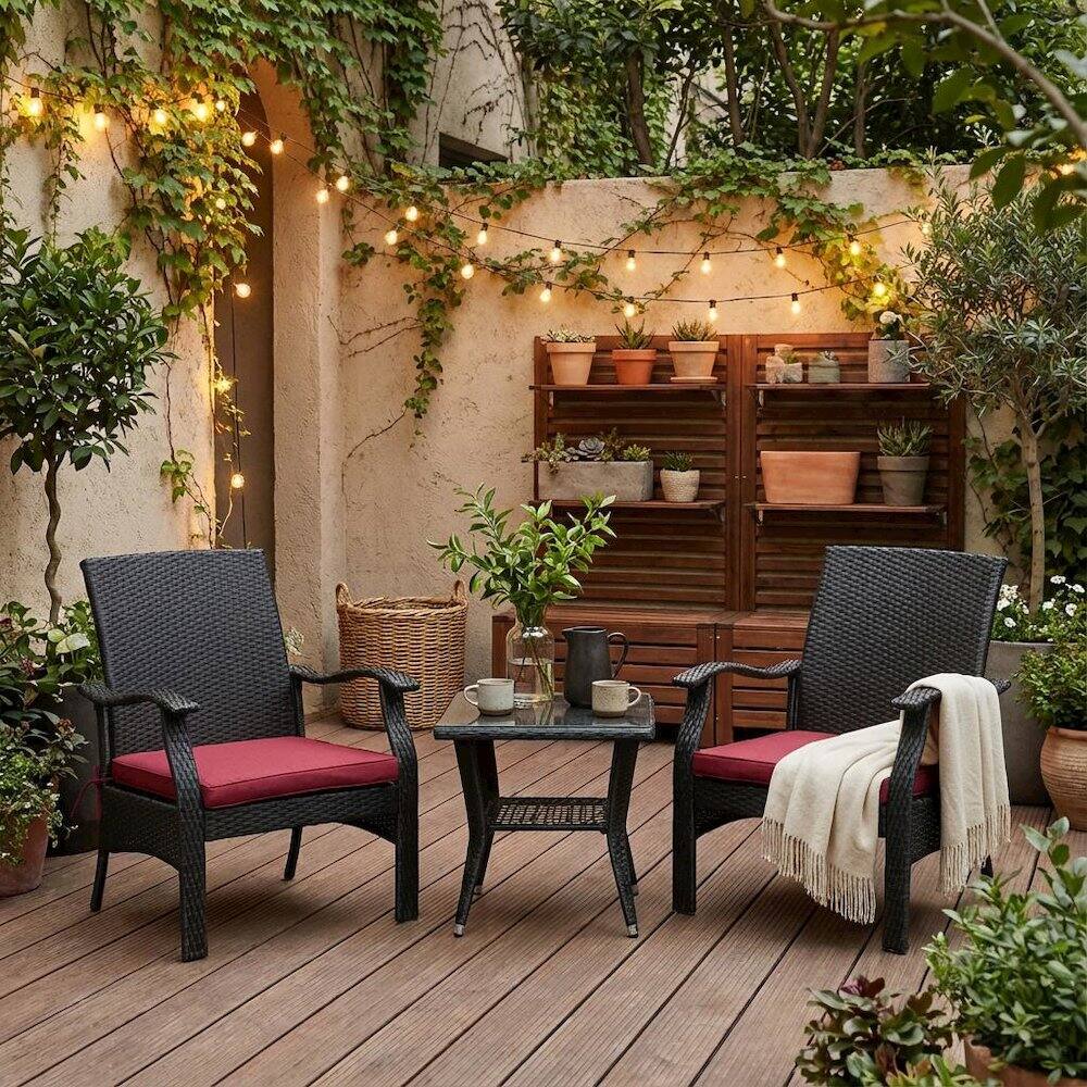Alt View 3. Outdoor Escape - Black Wicker Patio Set with Table and 2 Chairs - Durable Outdoor Seating - Brown.