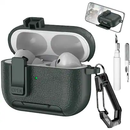 Front. Dteck - Case for Apple Airpods Pro 2nd Gen (2022) with Phone Holder & Keychain,Leather Texture Earbuds Cover for Man Women - Armygreen.