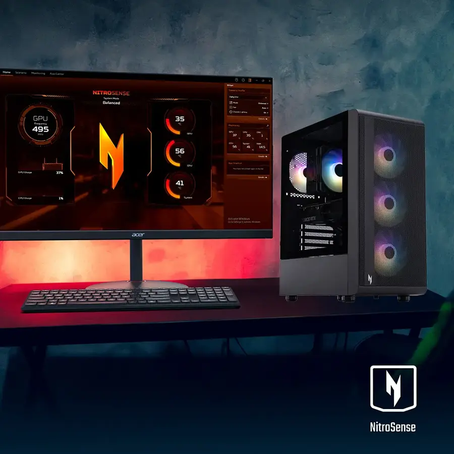 NitroSense is a brand that offers a variety of products, including a monitor and a computer tower. The monitor is a large screen with a sleek design, while the computer tower is a powerful gaming machine with a high-end GPU. The monitor and tower are both black and have a sleek, modern appearance. The monitor is placed on a desk next to the tower, creating a complete and functional workstation.
